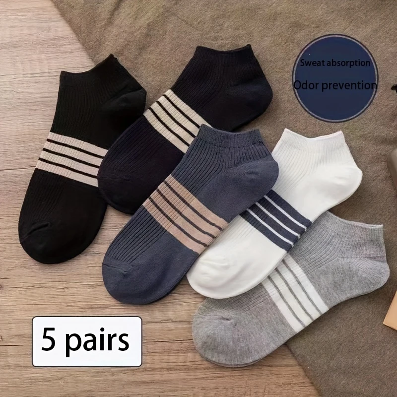 Men’s Low-Cut Cotton Blend Socks –Striped, Breathable, Anti-Odor for Summer(Pack of 5)