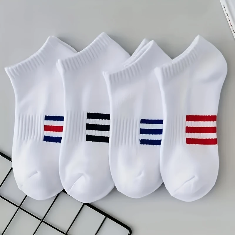 Men’s White Ankle Socks – Soft Bamboo Fabric with Small Color Stripes