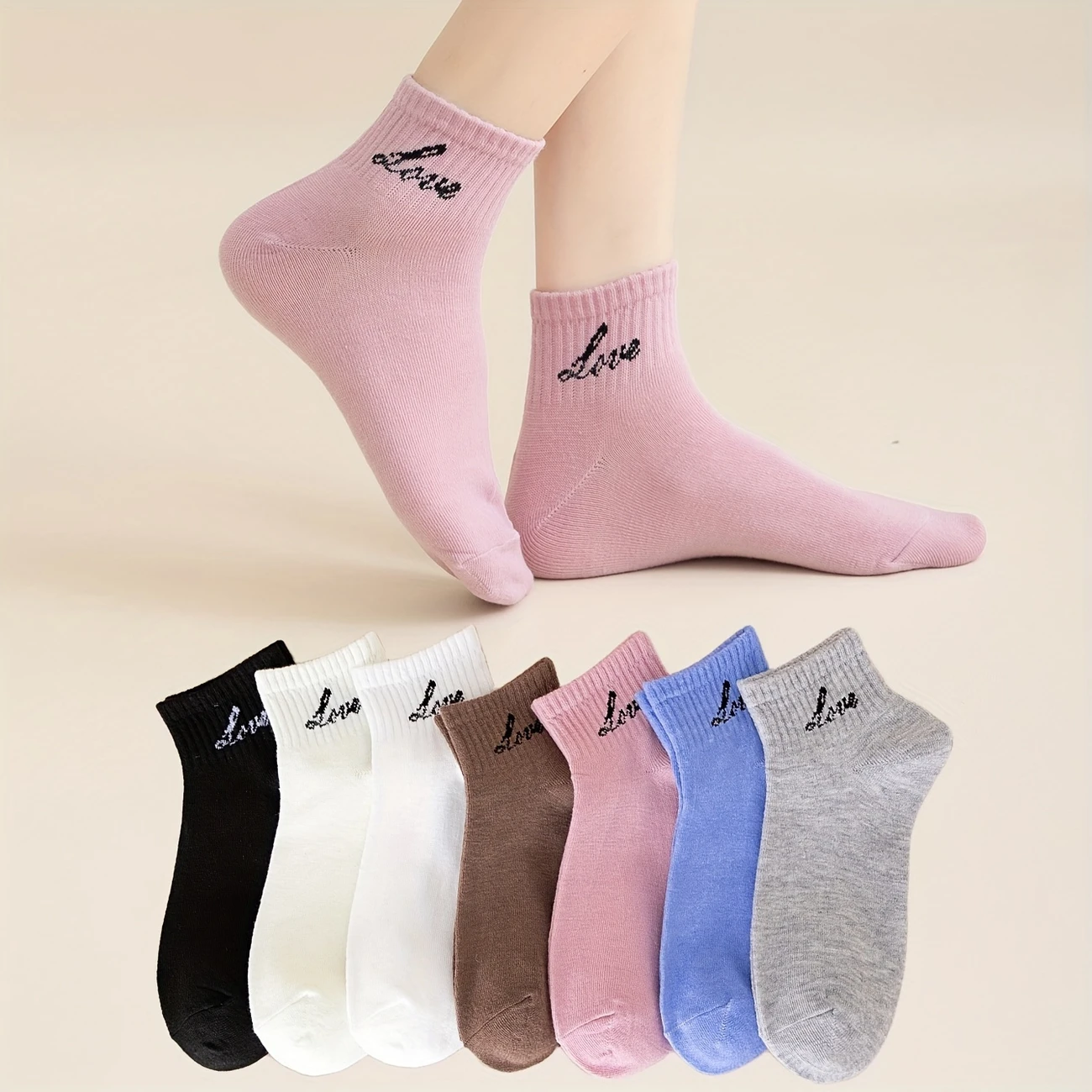 Women's 'LOVE' Letter Print Ankle Socks – Multi-Color Casual, Breathable Poly Cotton (Pack of 7)