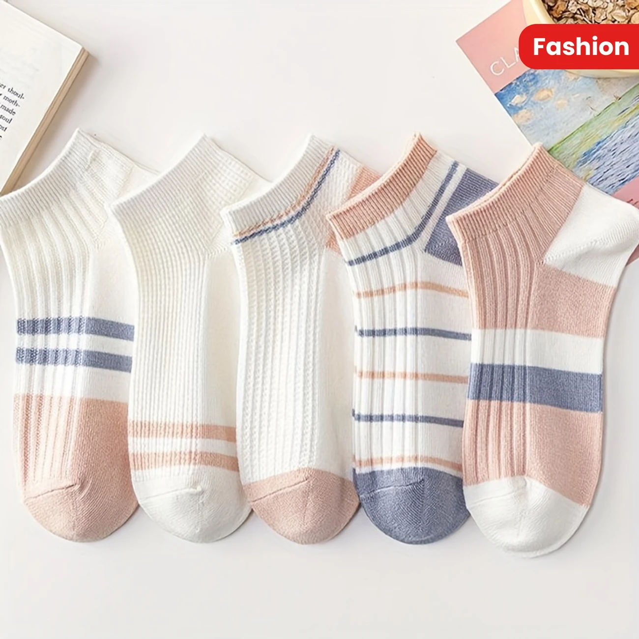 Women’s Fashion Ankle Socks – Knitted Comfort Striped Design (Pack of 5)