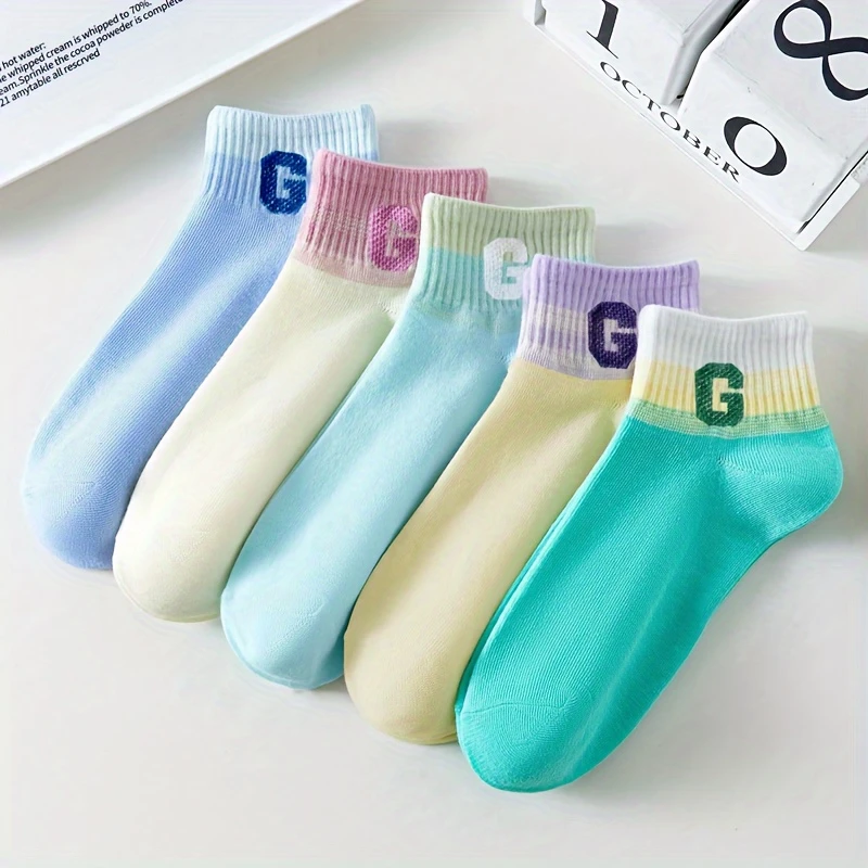Women’s Soft Poly Cotton Short Socks – Round Neck, 5 Colorful Pairs