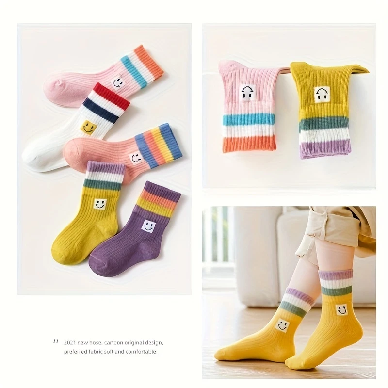 5-Pack Girls’ Fun Cotton Crew Socks – Color Block & Smiley Design (Ages 3–12)