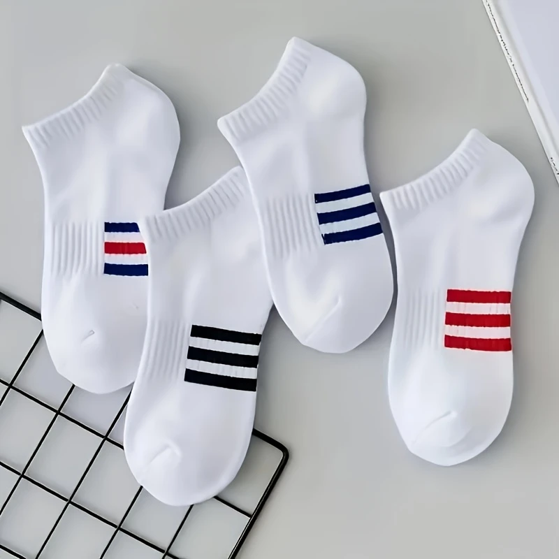 Men’s White Ankle Socks – Soft Bamboo Fabric with Small Color Stripes - Image 3