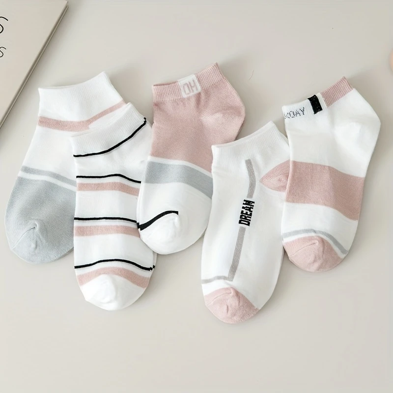 Women’s Summer Color-Mix Breathable Low-Cut Striped Socks - Poly Cotton (Pack of 5) - Image 2