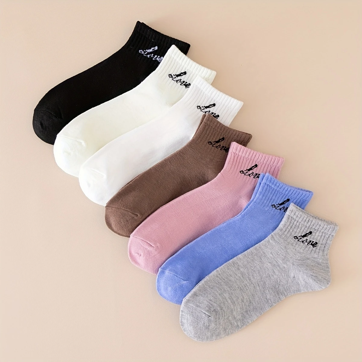 Women's 'LOVE' Letter Print Ankle Socks – Multi-Color Casual, Breathable Poly Cotton (Pack of 7) - Image 3