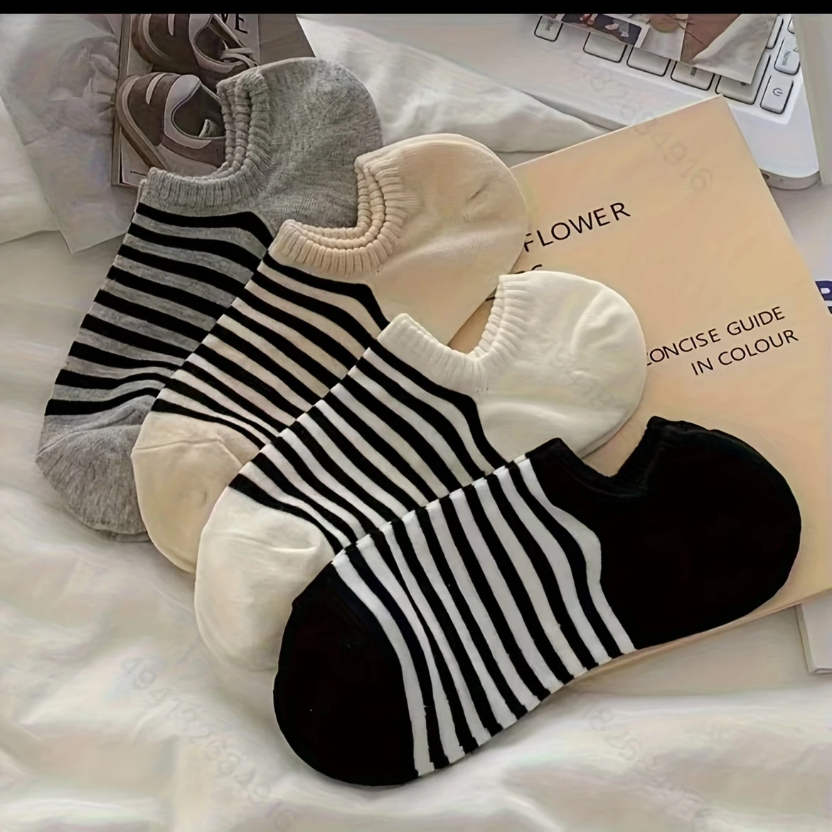 Women’s Low-Cut Striped Socks – Black & White, Invisible Style (Pack of 4) - Image 3