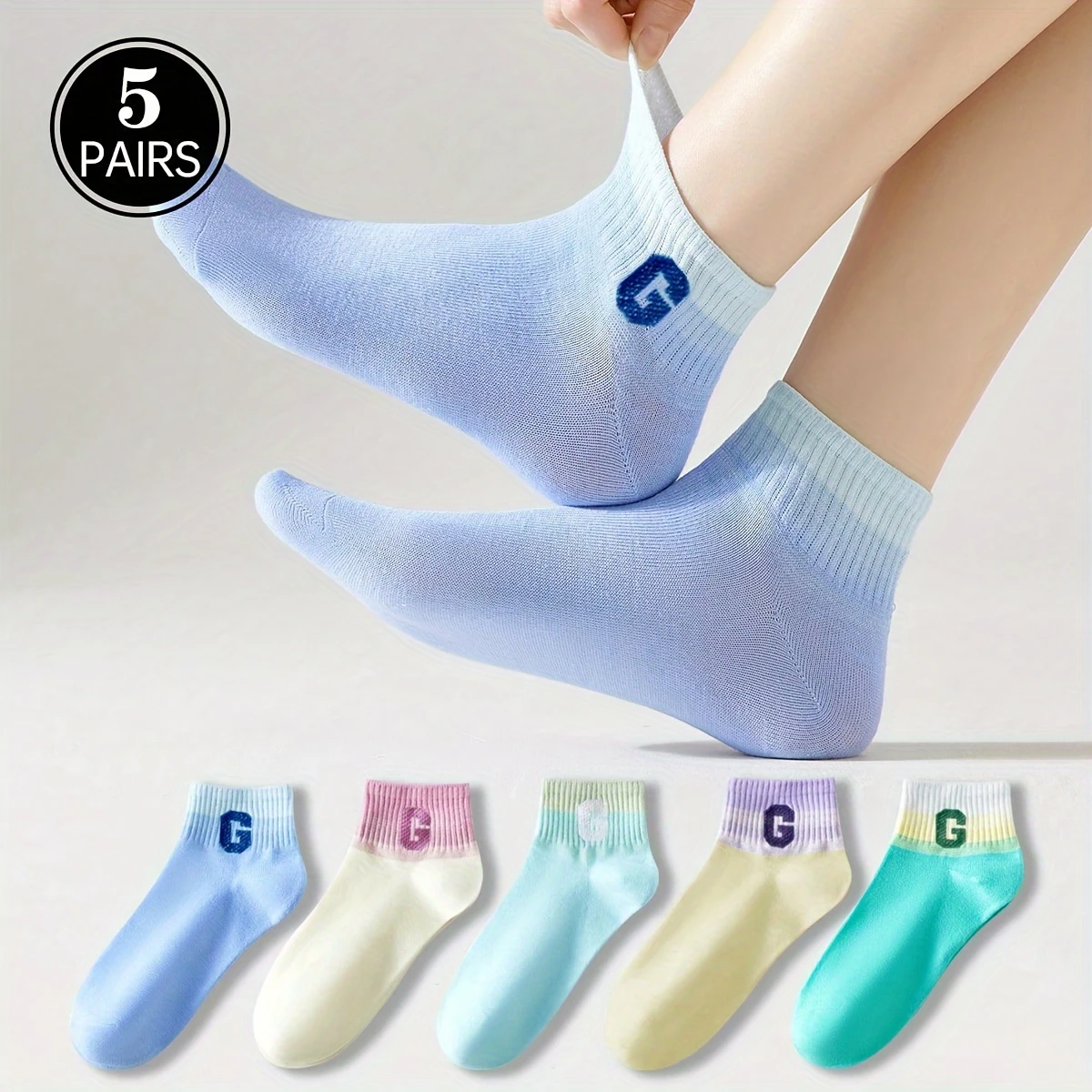 Women’s Soft Poly Cotton Short Socks – Round Neck, 5 Colorful Pairs - Image 3