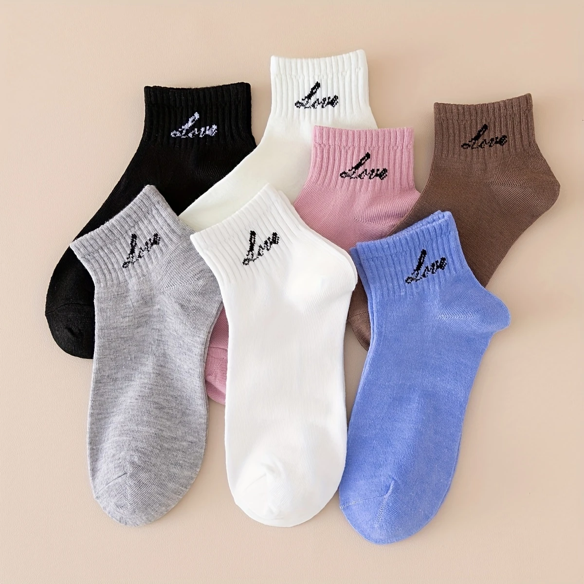 Women's 'LOVE' Letter Print Ankle Socks – Multi-Color Casual, Breathable Poly Cotton (Pack of 7) - Image 4