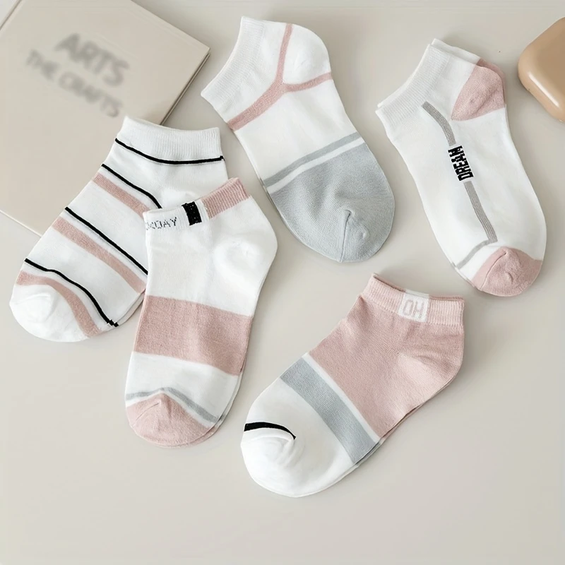 Women’s Summer Color-Mix Breathable Low-Cut Striped Socks - Poly Cotton (Pack of 5) - Image 4