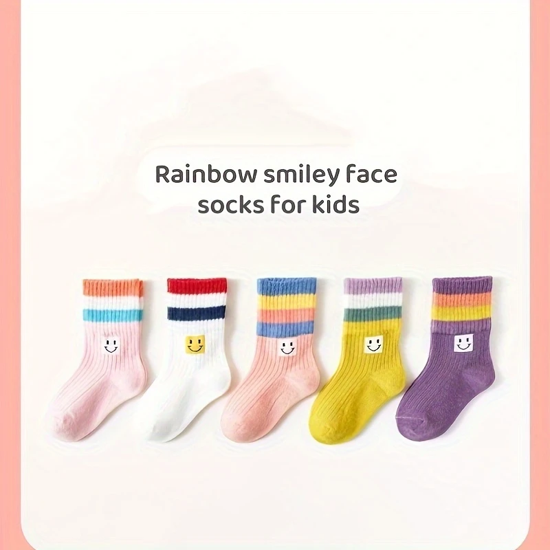 5-Pack Girls’ Fun Cotton Crew Socks – Color Block & Smiley Design (Ages 3–12) - Image 5