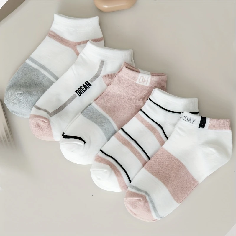 Women’s Summer Color-Mix Breathable Low-Cut Striped Socks - Poly Cotton (Pack of 5) - Image 5
