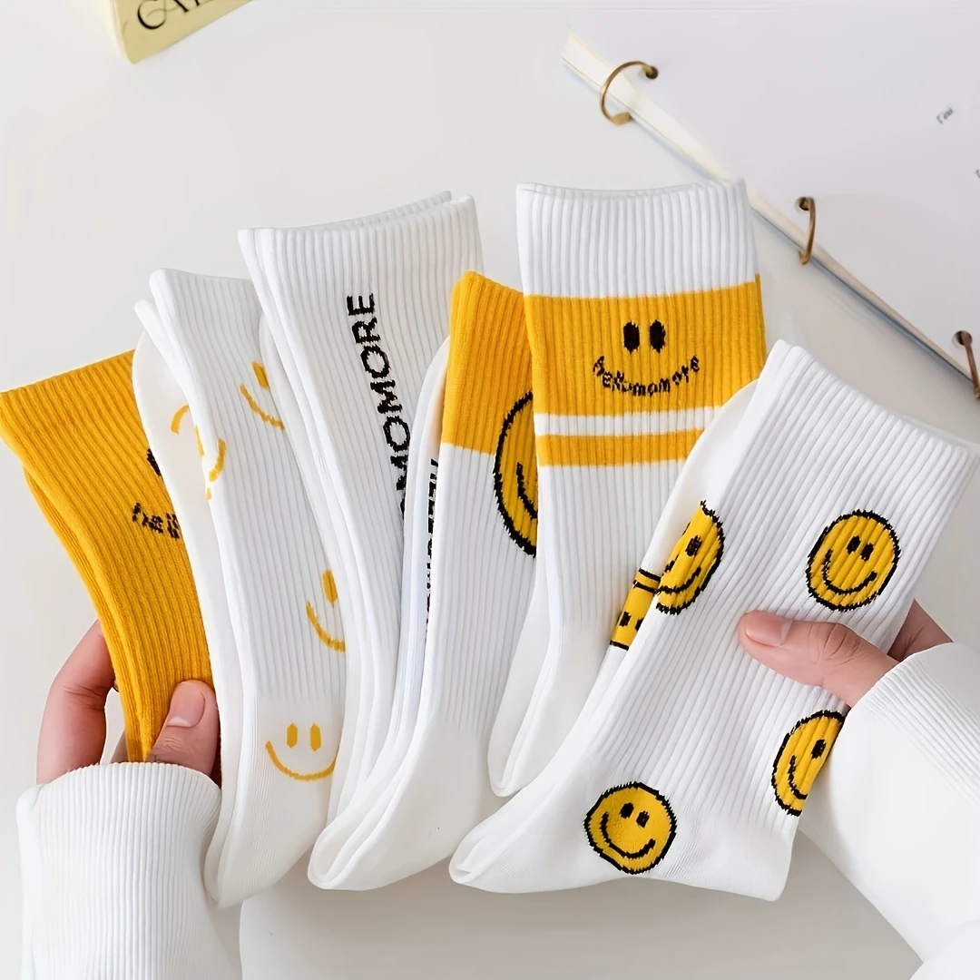 Women’s Fun Smiley Sports Socks –Yellow Mid-Length Comfort Fit (Pack of 6)