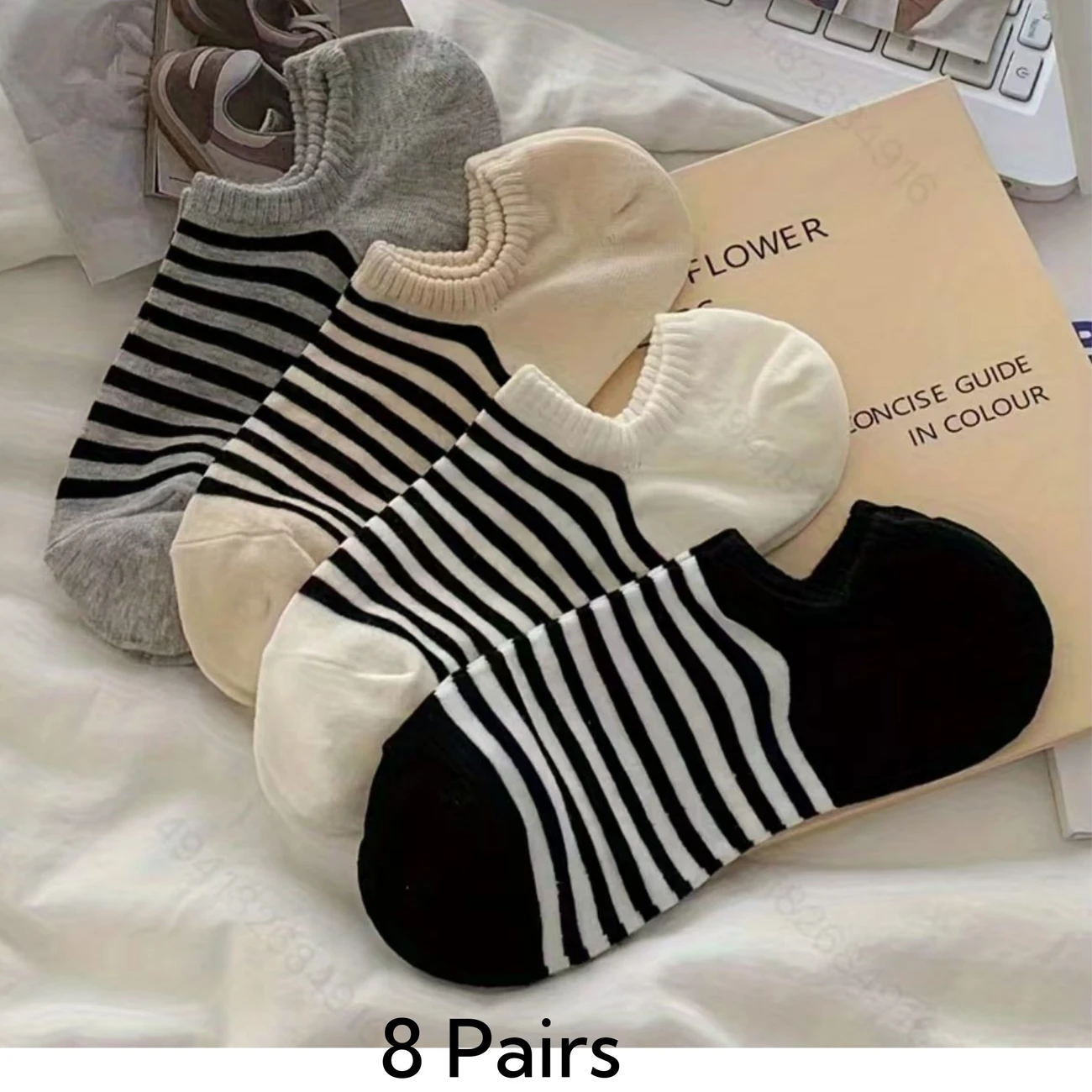 Women’s Low-Cut Striped Socks – Black & White, Invisible Style (Pack of 4) - Image 8