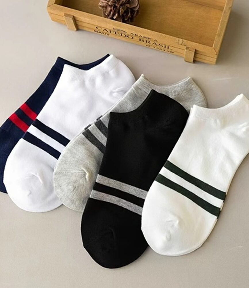 White and Navy Sport Striped Sock on Foot