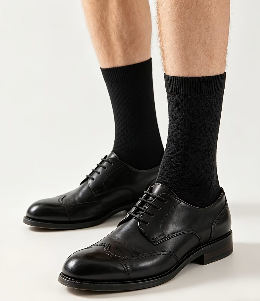 Steel Blue Textured Crew Sock on Foot