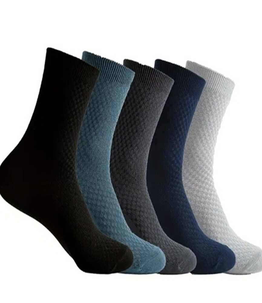 5 Pairs Men's Diamond Textured Waffle Crew Socks in 5 Colors
