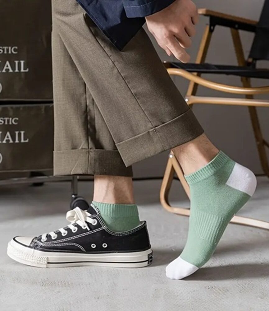 Sage Green and White Athletic Ankle Sock on Foot