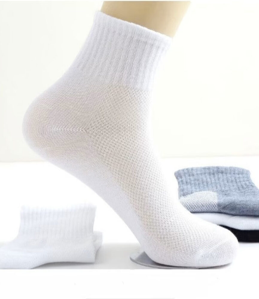 White Ribbed Athletic Quarter Crew Sock on Foot