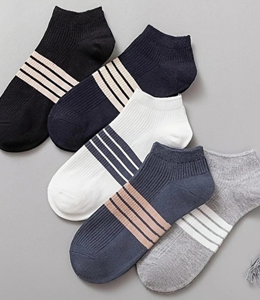 White and Navy Striped Ankle Sock on Foot