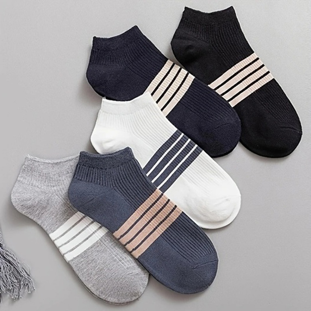 Men’s Four-Bar Striped Ankle Socks – Retro Athletic Cotton Low-Cut (Pack of 5)