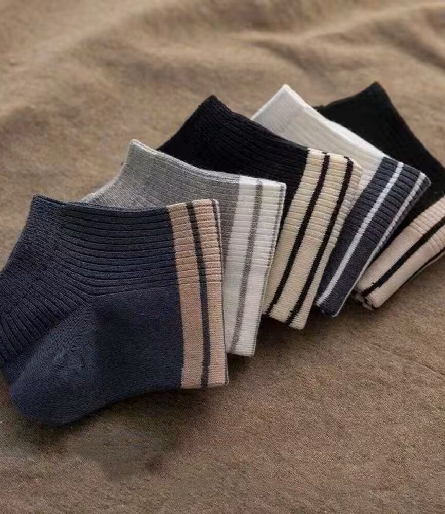 Black and Beige Striped Ankle Sock on Foot