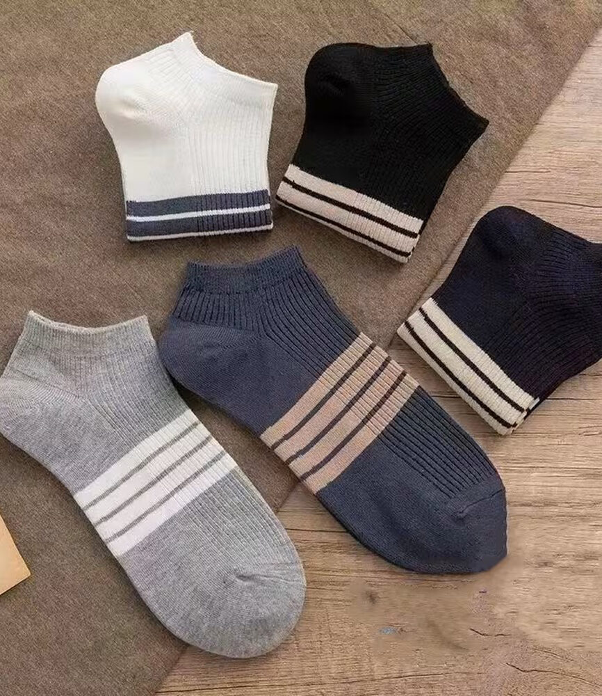 Navy and Beige Striped Low-Cut Sock on Foot