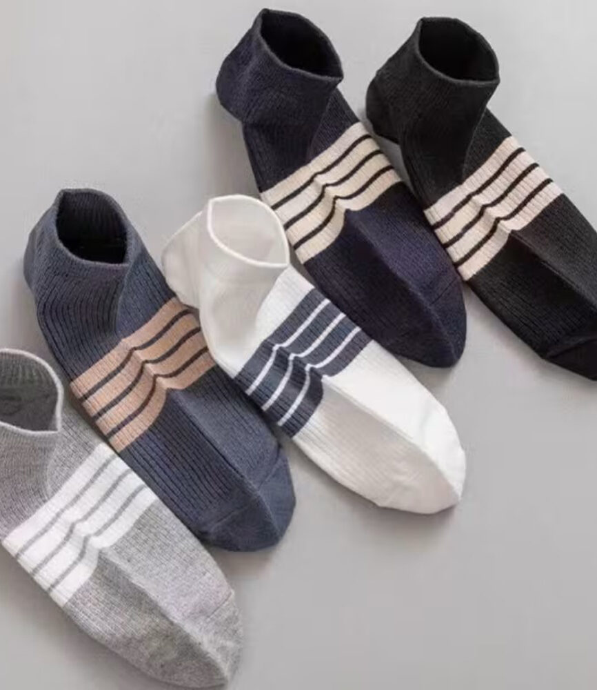 Slate Blue Striped Ankle Sock on Foot