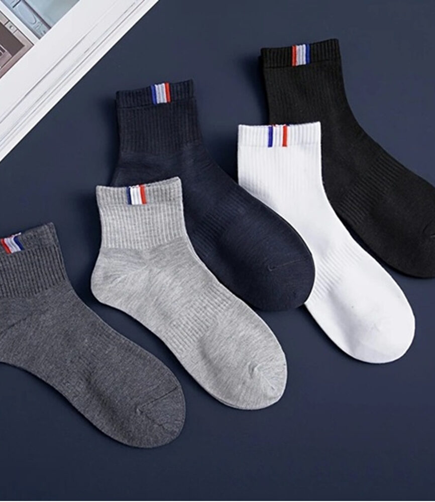 5 Pairs Men's French Tricolor Ribbon Tab Ankle Socks Assorted Palette