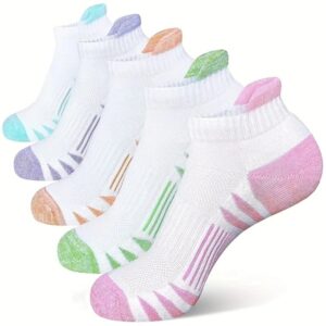 5 Pairs Women's Cushioned Athletic Ankle Socks with Pastel Heel & Toe