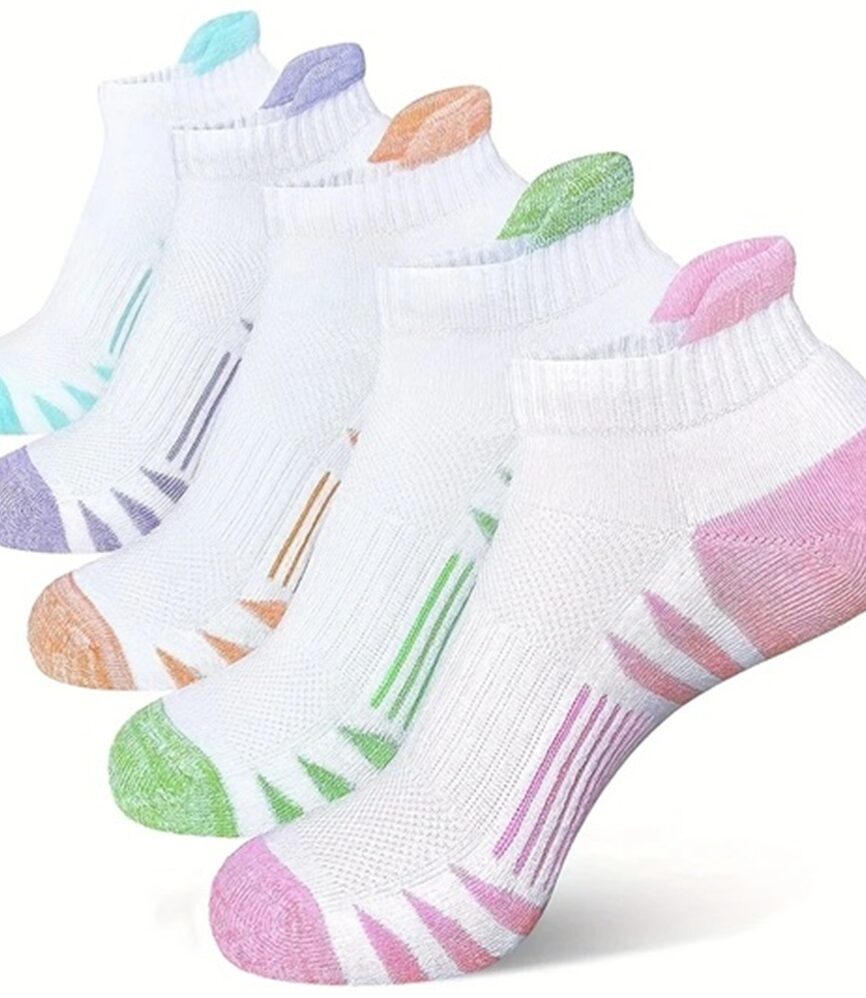 5 Pairs Women's Cushioned Athletic Ankle Socks with Pastel Heel & Toe