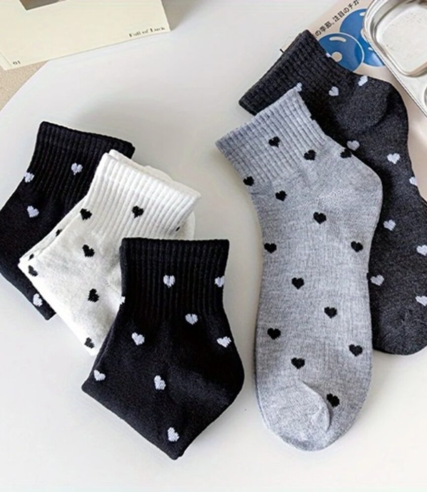 White and Black Mini Heart Socks on Feet