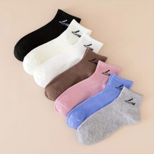 7 Pairs Women's 'Love' Script Embroidered Ribbed Ankle Socks