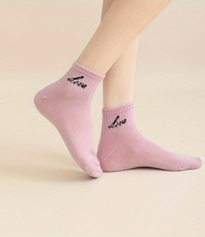 Dusty Pink and Sky Blue 'Love' Socks on Feet