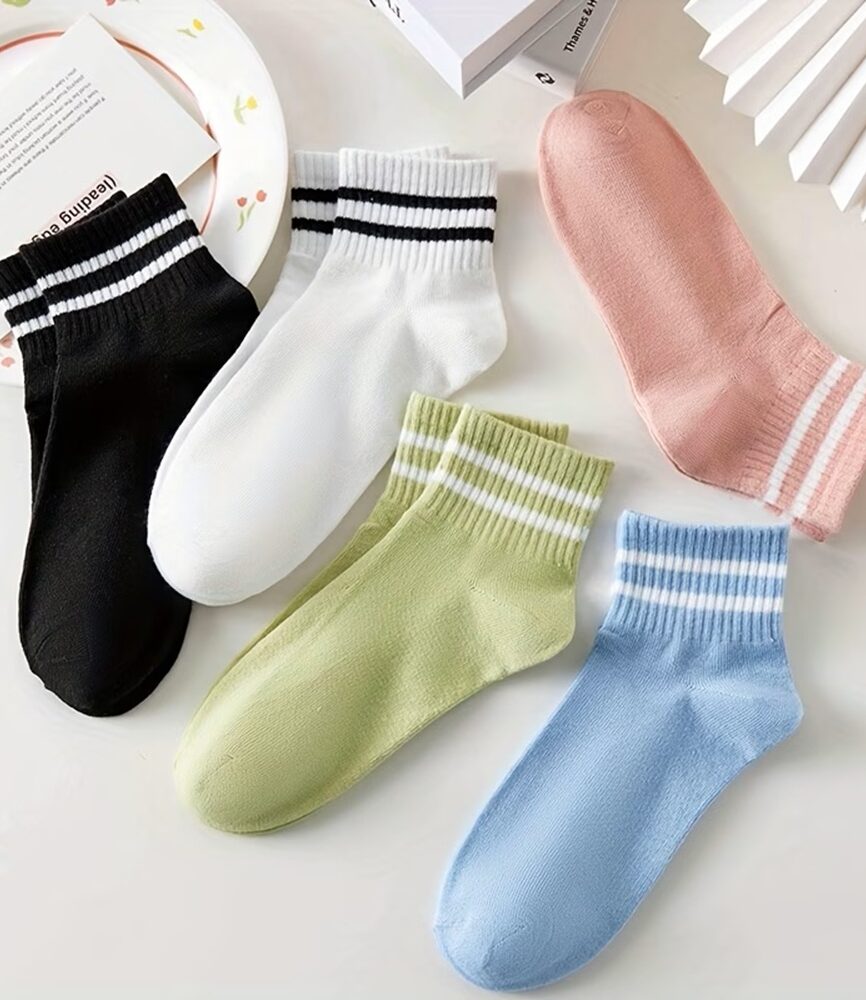 5 Pairs Women's Double Striped Athletic Ribbed Ankle Socks