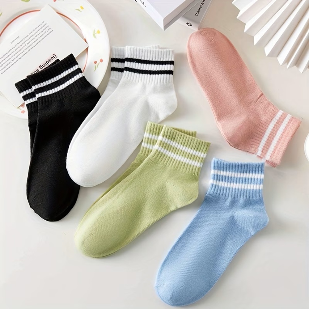5 Pairs Women's Double Striped Athletic Ribbed Ankle Socks