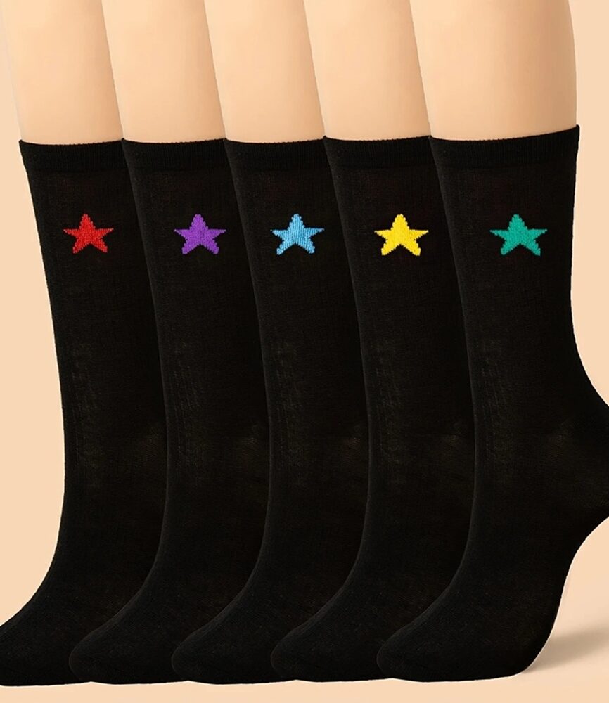 5 Pairs Men's Black Fine Cotton Crew Socks with Colored Embroidered Stars