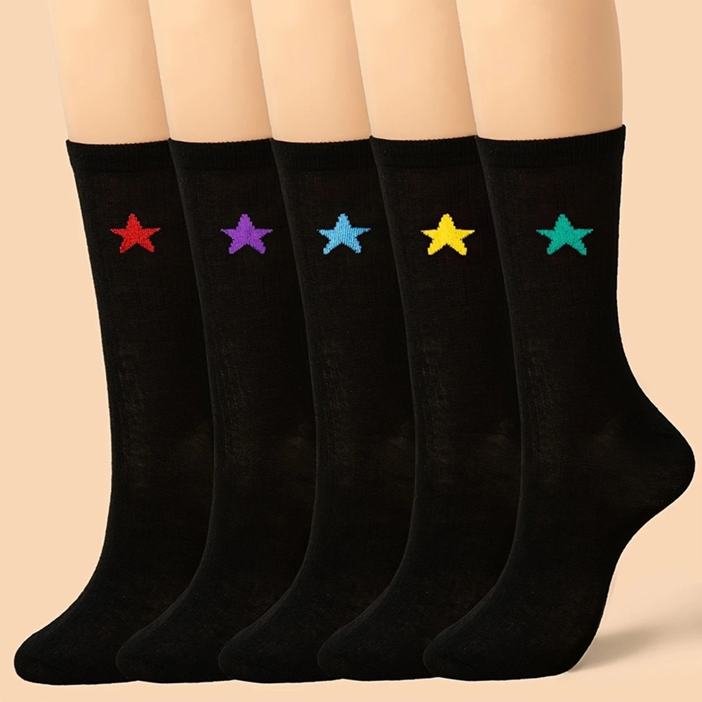 5 Pairs Men's Black Fine Cotton Crew Socks with Colored Embroidered Stars