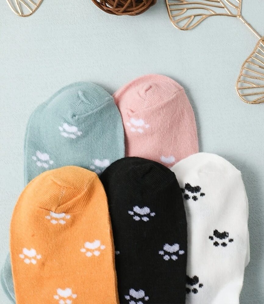 White and Black Paw Print Low-Cut Socks on Feet
