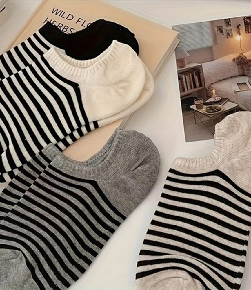 Beige and Heather Grey Striped Low-Profile Socks