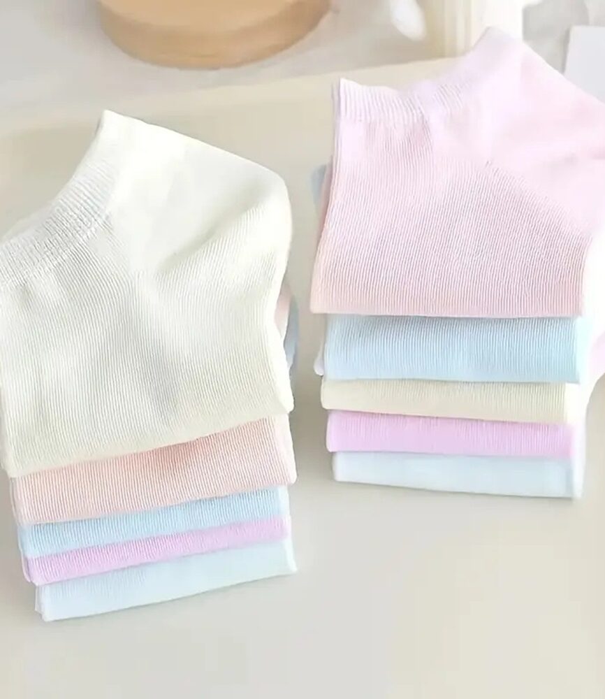 5 Pairs Women's Pastel Macaron Ribbed Cotton Ankle Socks Stack