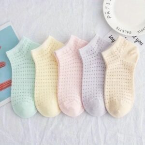 5 Pairs Women's Pointelle Mesh Eyelet Ankle Socks Pastel Palette