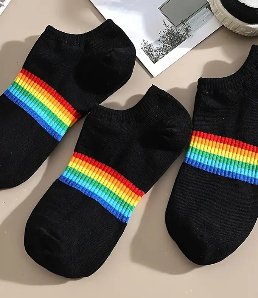 3 Pairs Rainbow Pride Striped Black Ankle Socks Laid Out