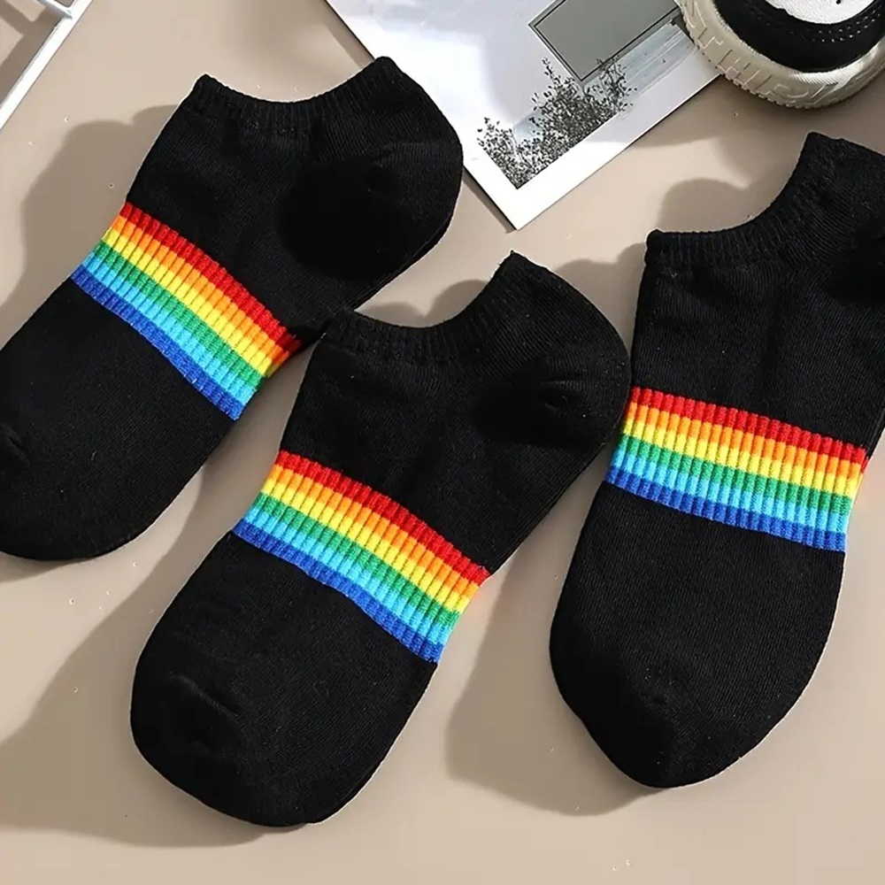 3 Pairs Rainbow Pride Striped Black Ankle Socks Laid Out