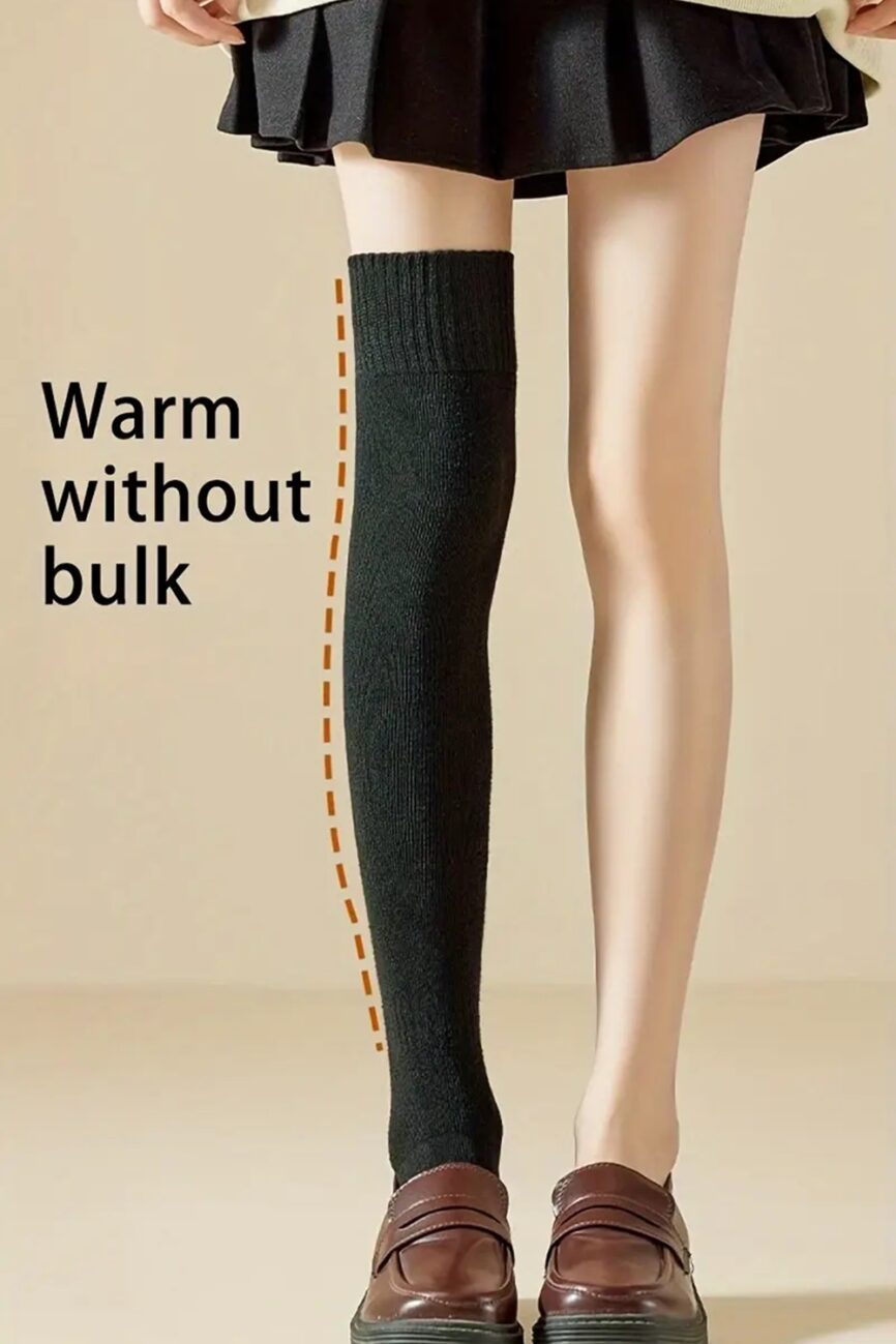 Model Wearing Charcoal Grey Ribbed Over-the-Knee Socks with Slippers