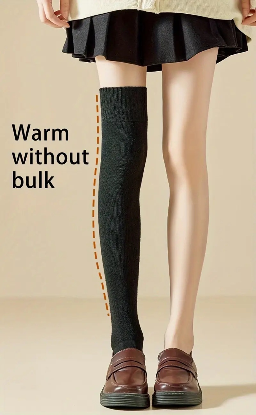 Model Wearing Charcoal Grey Ribbed Over-the-Knee Socks with Slippers