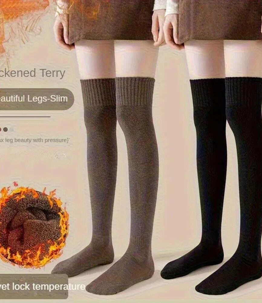 Warm Coffee Brown Knit Long Thigh High Socks on Model