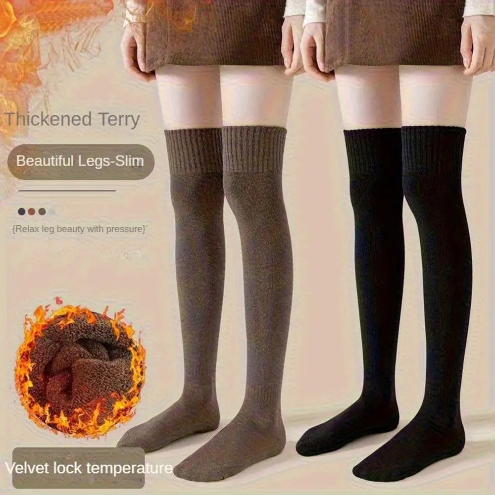Warm Coffee Brown Knit Long Thigh High Socks on Model