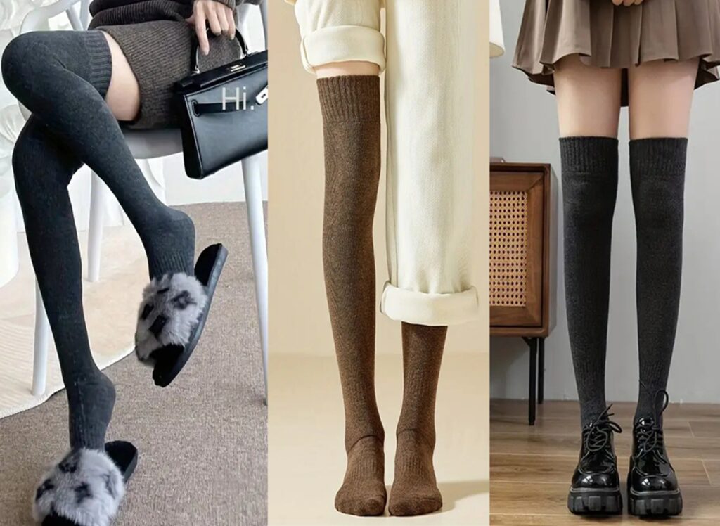 3 Pairs Women's Warm Ribbed Over-the-Knee Socks Black Grey Coffee