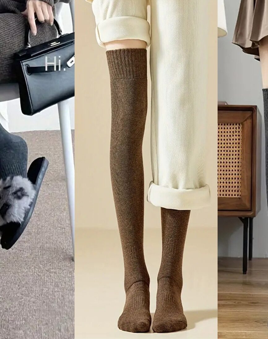 3 Pairs Women's Warm Ribbed Over-the-Knee Socks Black Grey Coffee