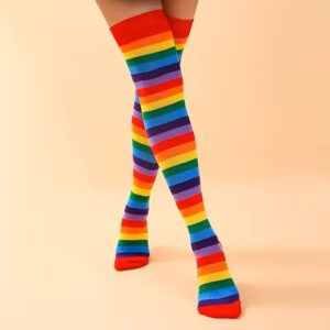 Women's Colorful Rainbow Striped Over-the-Knee Thigh High Socks on Legs